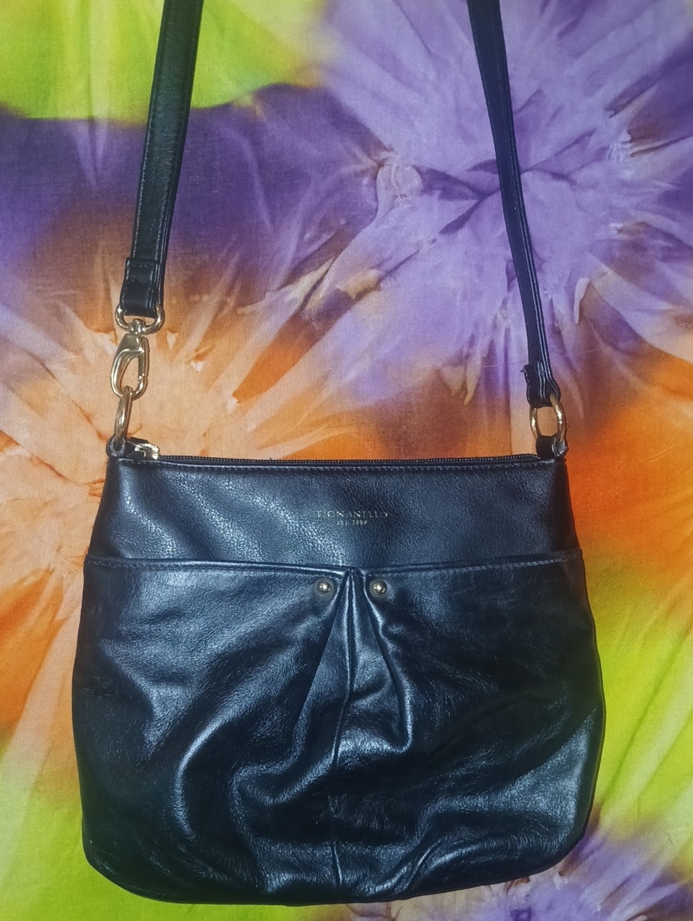 Tignanello Black Genuine Leather Pleated Crossbody Bag